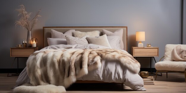 un dormitorio acogedor y acogedor para huéspedes con una cama de peluche, ropa de cama suave e iluminación cálida.