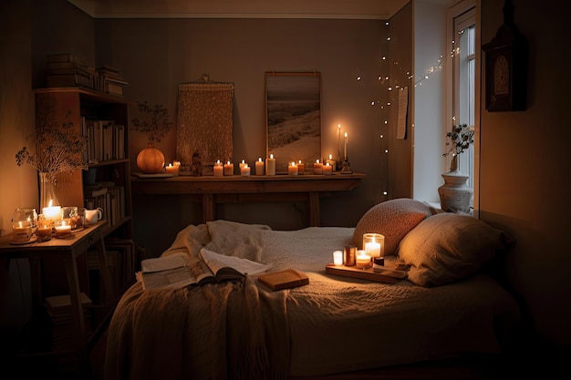 Dormitorio acogedor con ambiente a la luz de las velas y música suave de fondo