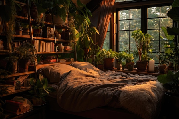 Un dormitorio acogedor y bien iluminado con plantas de interior está diseñado con un enfoque en la biofilia y el concepto de jungla urbana