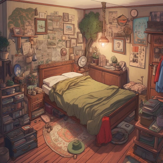 dormitorio acogedor y desordenado inspirado en el visual del estudio ghiblis