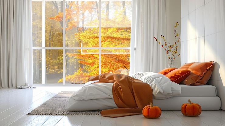 Un dormitorio acogedor con una gran ventana que muestra el follaje vibrante del otoño