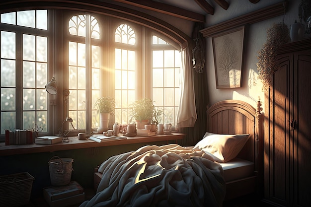 Un dormitorio acogedor con la luz del sol brillando a través de la ventana creado con aire generativo