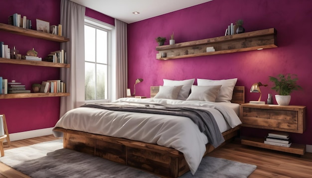 un dormitorio acogedor con paredes de acento magenta y un cabecera de madera rústica con estantes incorporados