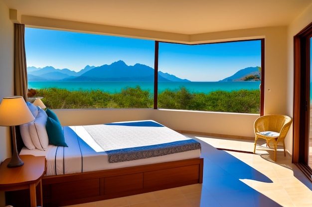 Un dormitorio acogedor con una vista impresionante de la playa en medio de majestuosas montañas