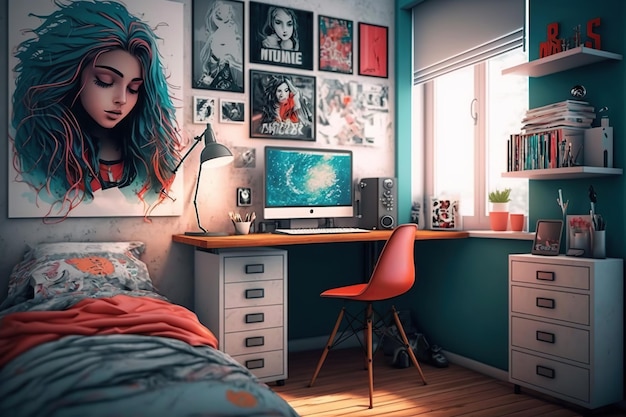 Foto dormitorio de una adolescente creado con tecnología de ia generativa