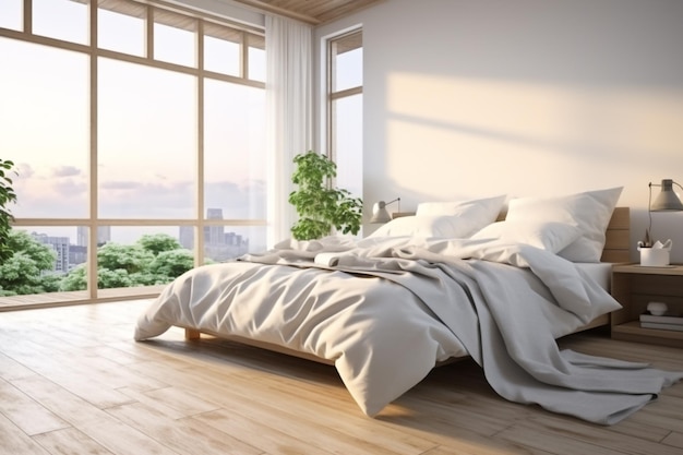 Dormitorio al sol de la mañana estilo casero moderno con almohadas muebles de mantas suaves en suelo de madera interior del dormitorio de pared blanca