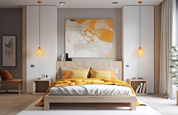 Dormitorio amarillo y cálido moderno con interior de madera neutral AI Generative