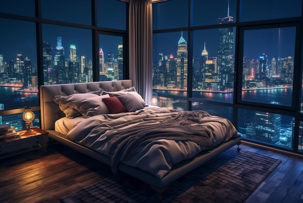 Dormitorio de apartamento con hermosa vista nocturna de la ciudad desde la ventana generativa ai