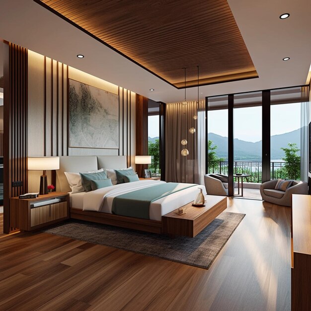 Dormitorio arafed con una cama grande y un gran ventanal generativo ai