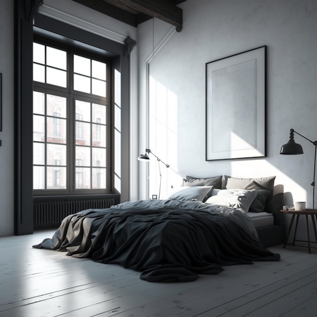 Dormitorio en el ático con cama, gran ventana y un gran marco AI generativa