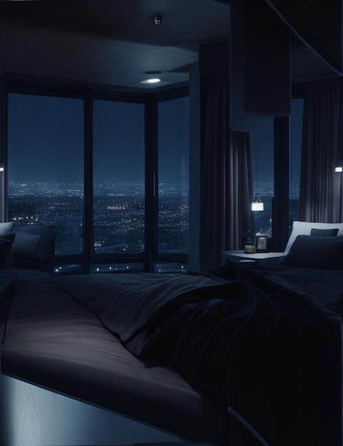 dormitorio ático por la noche oscuro sombrío una habitación con vistas a la ciudad desde la cama