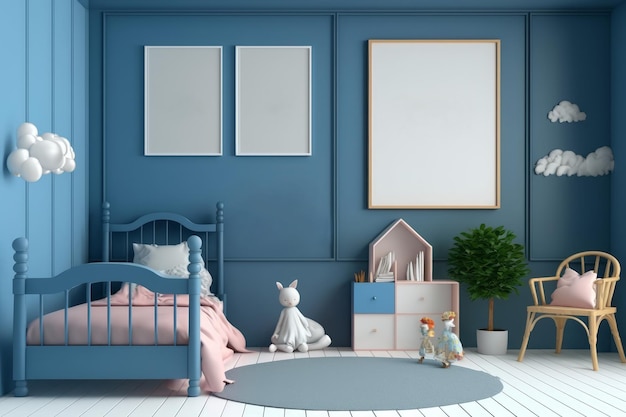 Un dormitorio azul con una cama blanca y azul y un estante blanco con la imagen de un conejo.