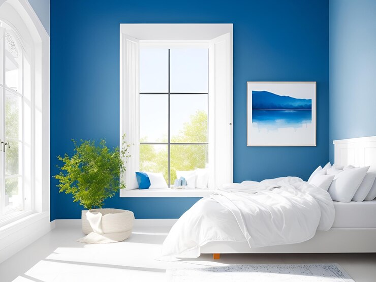 Un dormitorio azul con una cama blanca y una ventana con vista al océano.