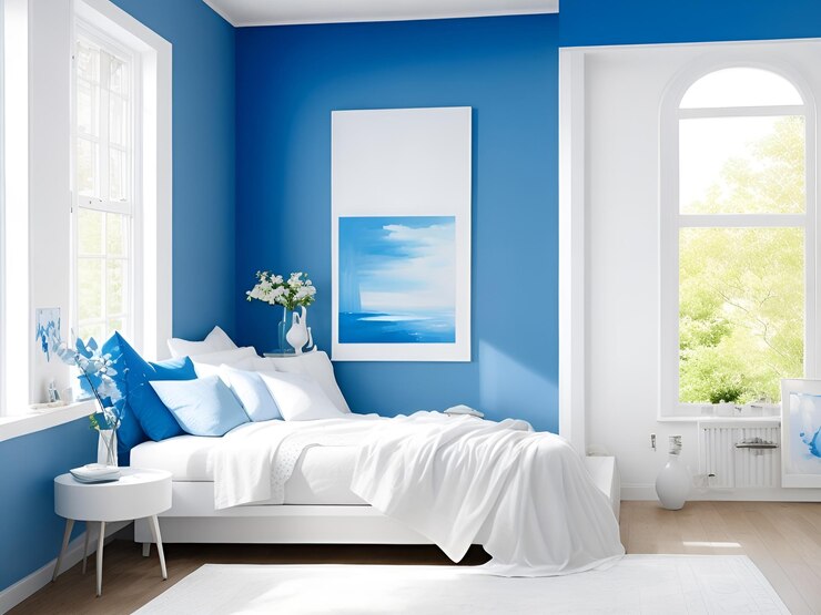 Un dormitorio azul con una imagen de un mar y una imagen enmarcada de una escena de playa.