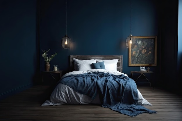 Un dormitorio azul oscuro con una pared azul y una lámpara colgada encima