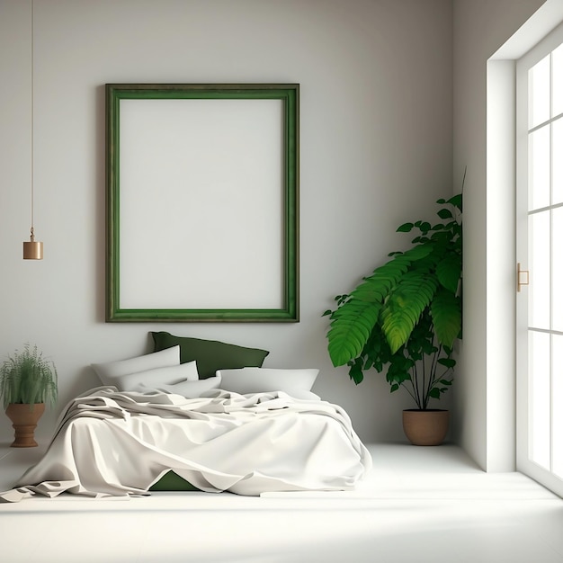 Foto un dormitorio blanco con un cuadro enmarcado en la pared y una planta verde a la derecha.