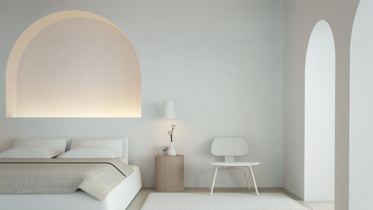 Dormitorio blanco interior estilo Santorini - renderizado 3D