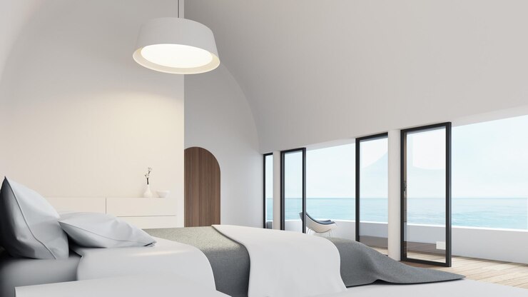 Dormitorio blanco de lujo estilo moderno y vistas al mar - 3D rendering
