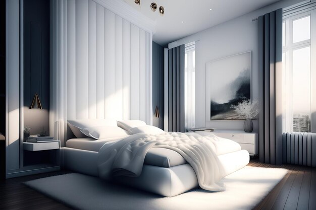 Un dormitorio blanco puro, un mundo blanco y limpio, un concepto postprocesado.
