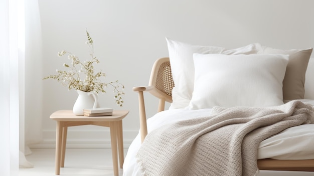 Un dormitorio blanco con una silla de cama y un jarrón ai