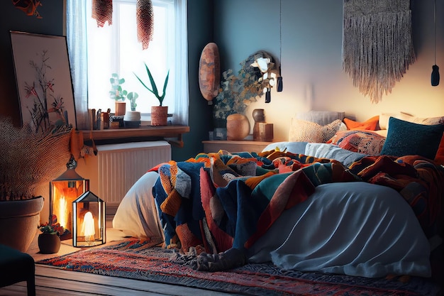 Dormitorio bohemio de inspiración escandinava con iluminación cálida, decoración colorida y telas texturizadas