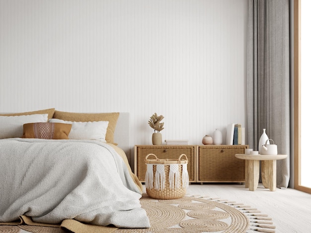 Dormitorio boho blanco con muebles de madera y ratán renderización 3D