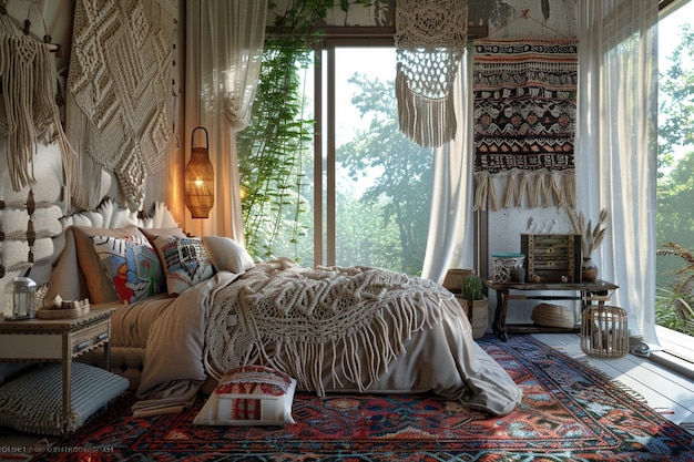 Dormitorio boho chic con acentos de macrame y capas