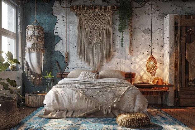 Foto dormitorio boho chic con cortinas de pared de macrame