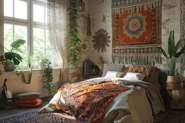 Dormitorio boho chic ecléctico con texturas mixtas oct