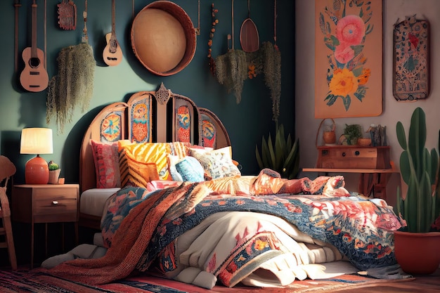 Dormitorio boho con decoración caprichosa y elementos vintage