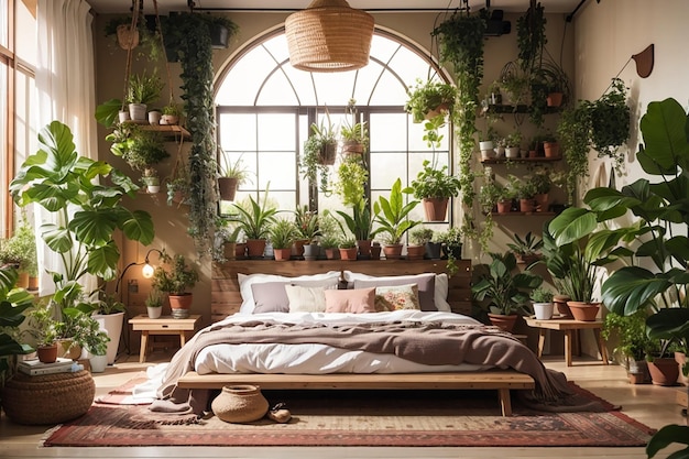 Dormitorio boho moderno con muchas plantas, cama acogedora y vista al jardín