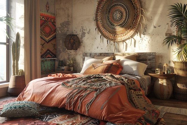 Dormitorio boho con textiles en capas de octano