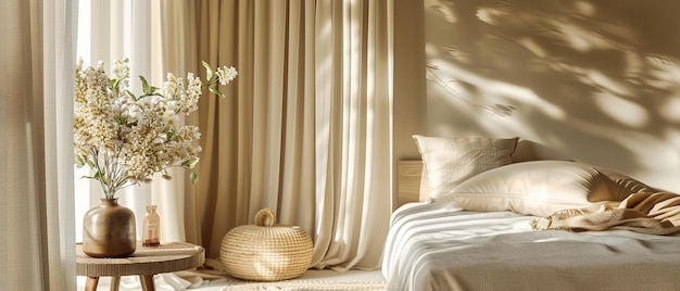 Dormitorio brillante y moderno con diseño minimalista y muebles elegantes acogedor y elegante