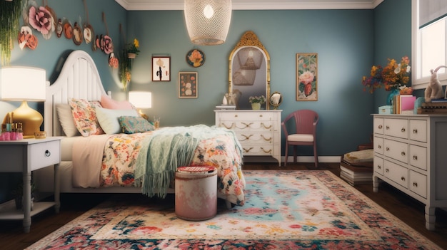 Un dormitorio con una cama y una alfombra con motivos florales.