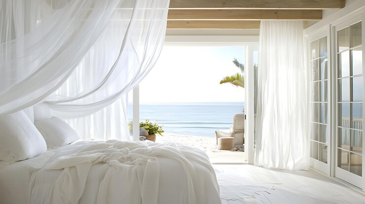 un dormitorio con una cama blanca y una ventana que tiene la vista del océano