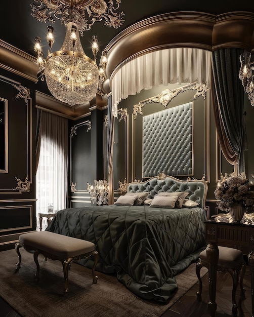 un dormitorio con una cama y un candelabro colgando del techo