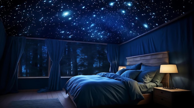 Un dormitorio con una cama y un cielo estrellado encima