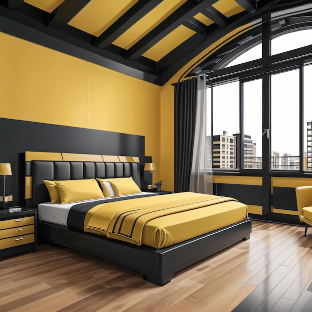 Un dormitorio con una cama y una cómoda con amarillo y almohadas.