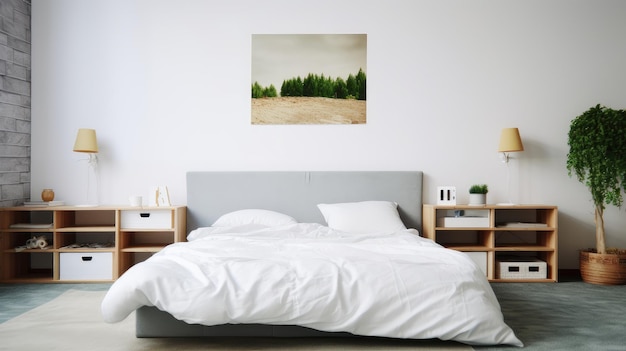 Un dormitorio con una cama y un cuadro de árboles en la pared.
