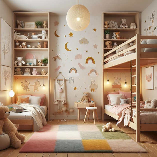 Foto un dormitorio con una cama de dos pisos un oso de peluche y un osito de peluque