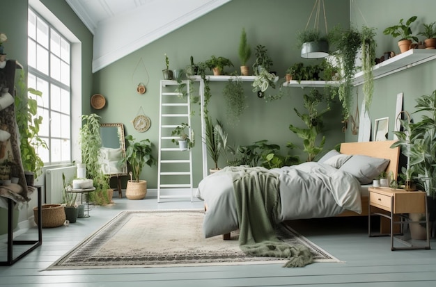 Un dormitorio con una cama y una escalera con plantas.