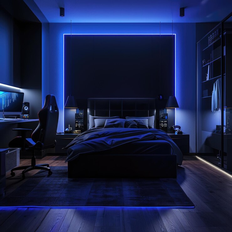 un dormitorio con una cama y un escritorio con una lámpara en él