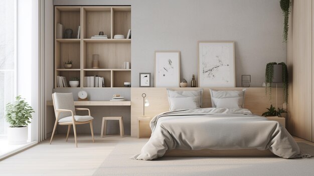 Un dormitorio con una cama y un escritorio con una librería en la pared.