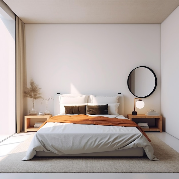 Un dormitorio con una cama y un espejo en la pared.