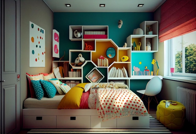 Foto un dormitorio con cama y estantes con cojines coloridos y una silla blanca.