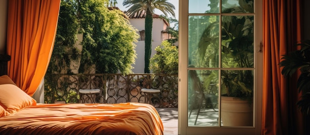 Un dormitorio con una cama frente a un patio al aire libre y balcón con cortinas naranjas que cubren la ventana