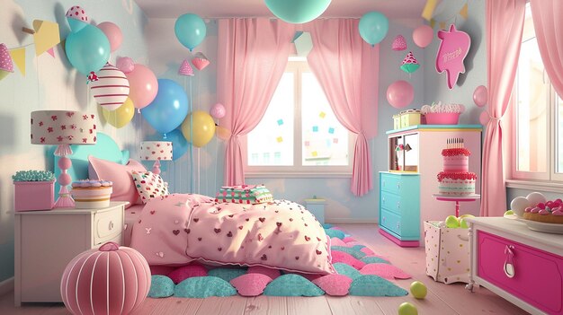 un dormitorio con una cama y globos en la pared