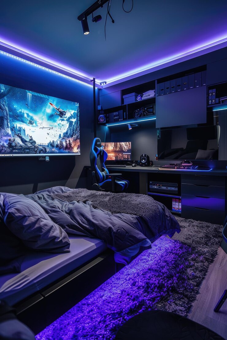 un dormitorio con una cama y un gran acuario en la pared