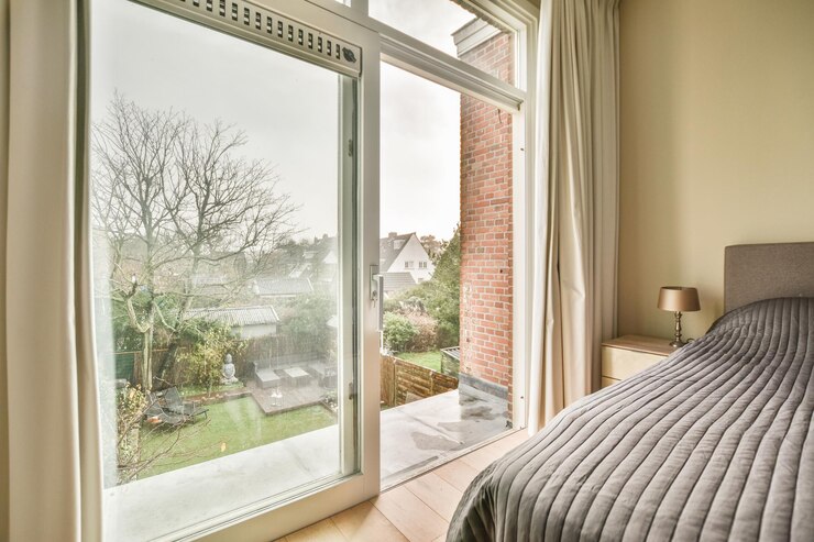 Un dormitorio con una cama y una gran ventana.