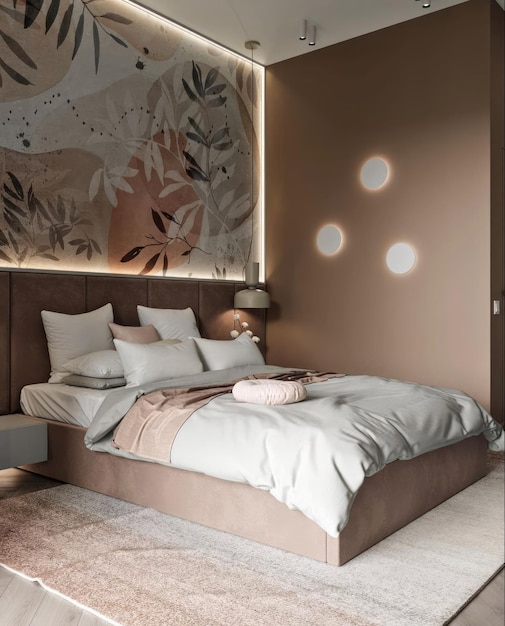 un dormitorio con una cama y una lámpara en la pared